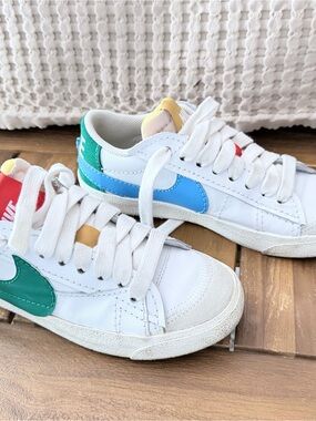 Nike Women White Sneakers with Blue and Green Swooshes